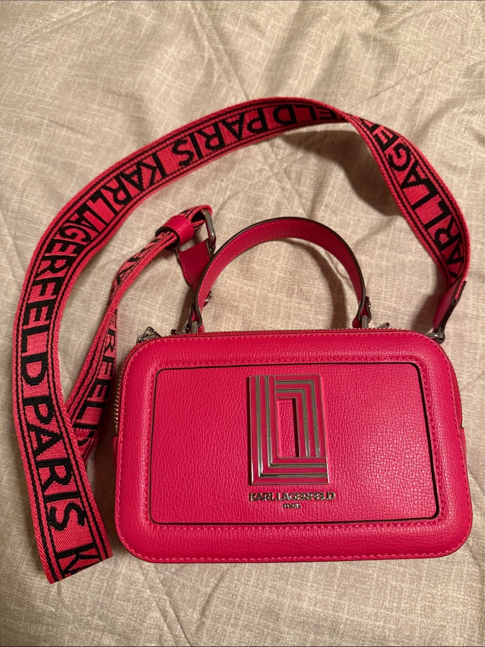 Karl Lagerfeld Hot Pink Leather Crossbody with Branded Strap